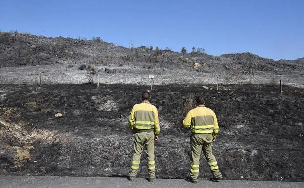 Dos bomberos forestales observan parte del terreno quemado en la Sierra de Gata./PALMA