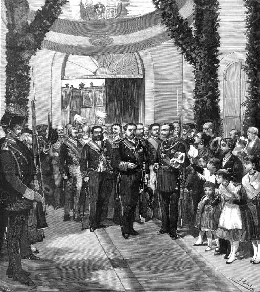 El Cáceres que unió a dos reyes en 1881 dibujado por Comba