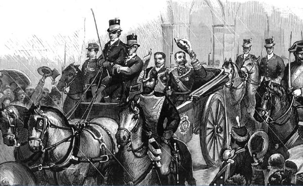 El Cáceres que unió a dos reyes en 1881 dibujado por Comba