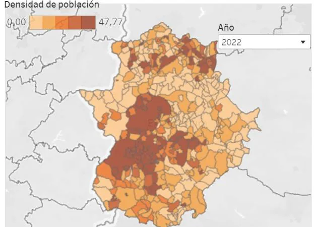 Densidad de población en Extremadura. 