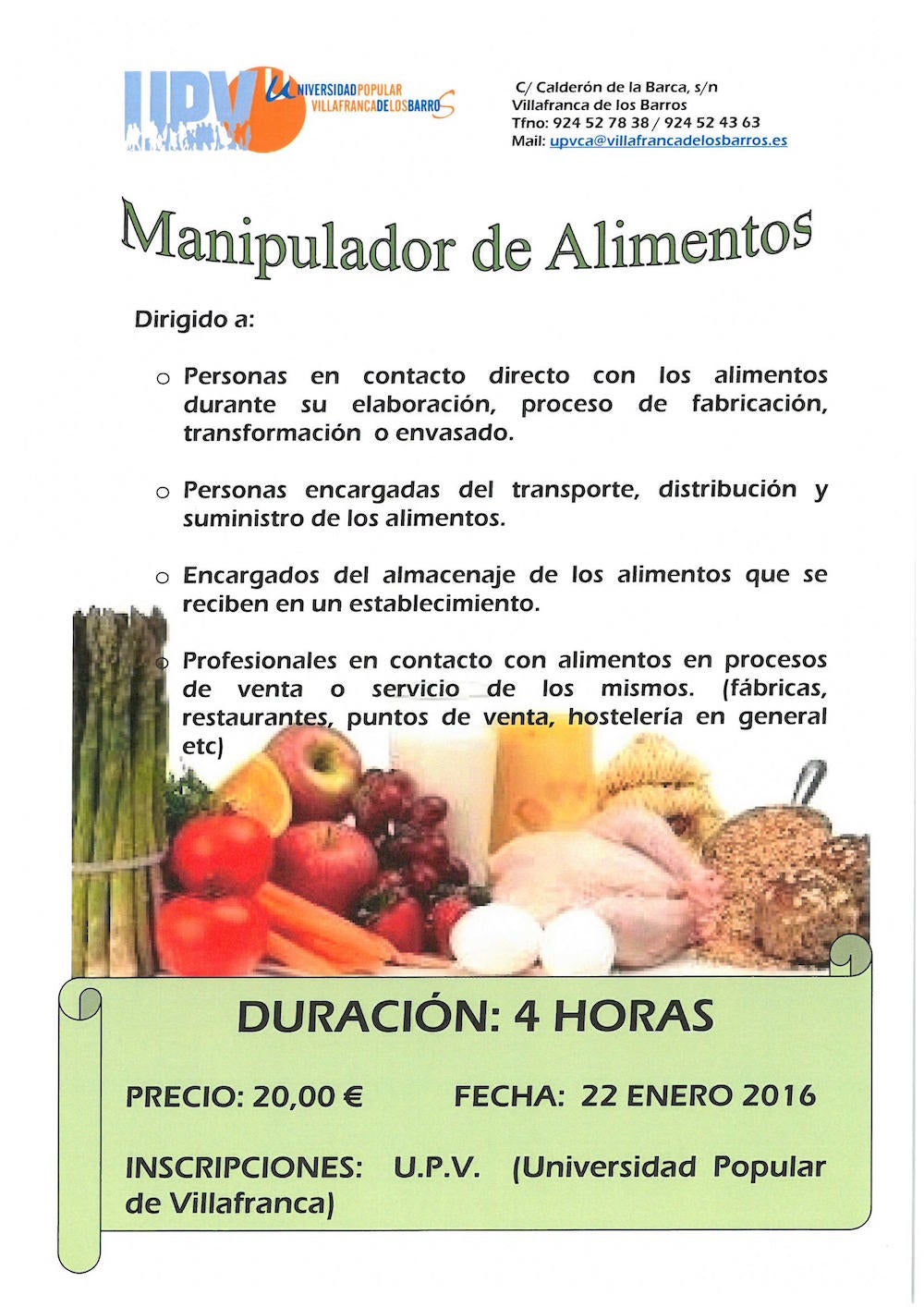La Universidad Popular oferta un curso de manipulador de alimentos