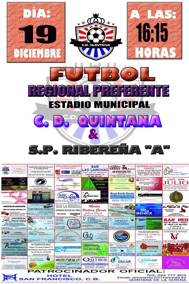 El C.D. Quintana senior recibirá a la Ribereña A en el último partido del año
