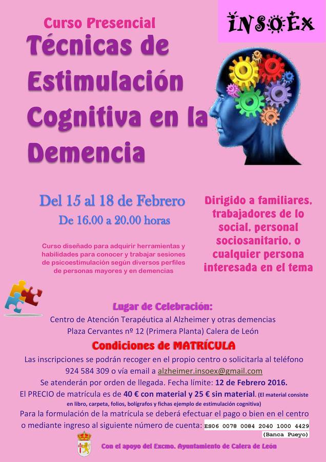 El Centro de Atención Terapeútica a la Demencia de Calera de León impartirá un curso de Técnicas de Estimulación Cognitiva