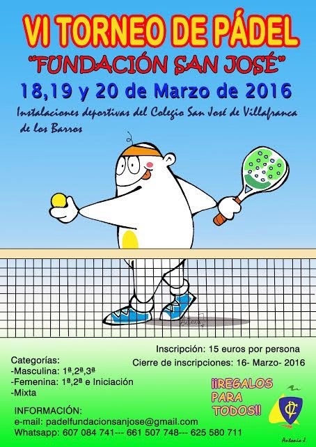 La VI edición del Torneo de Pádel Fundación San José se celebrará del 18 al 20 de marzo