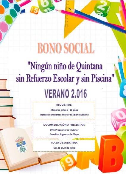 El Ayuntamiento lanza, por tercer año consecutivo, el bono social ‘Ningún niño de Quintana sin refuerzo escolar y sin piscina’
