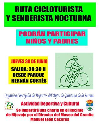 La Concejalía de Deportes organiza para el 30 de junio una ruta nocturna senderista y cicloturista