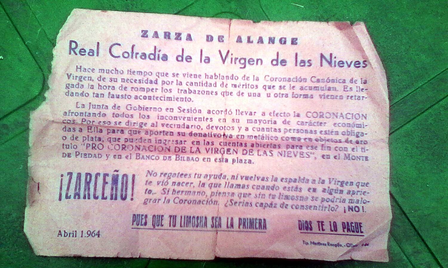 Solicitud de ayuda, en 1964, para sufragar los gastos de la coronación de la Virgen