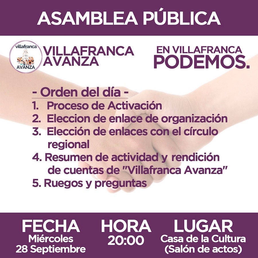 Villafranca Avanza celebra este miércoles asamblea pública en la Casa de la Cultura