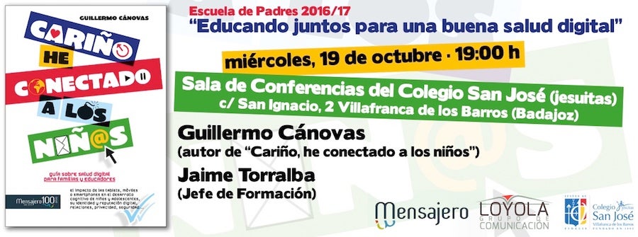 El próximo miércoles 19 de octubre regresa la Escuela de Padres de este curso en el Colegio San José