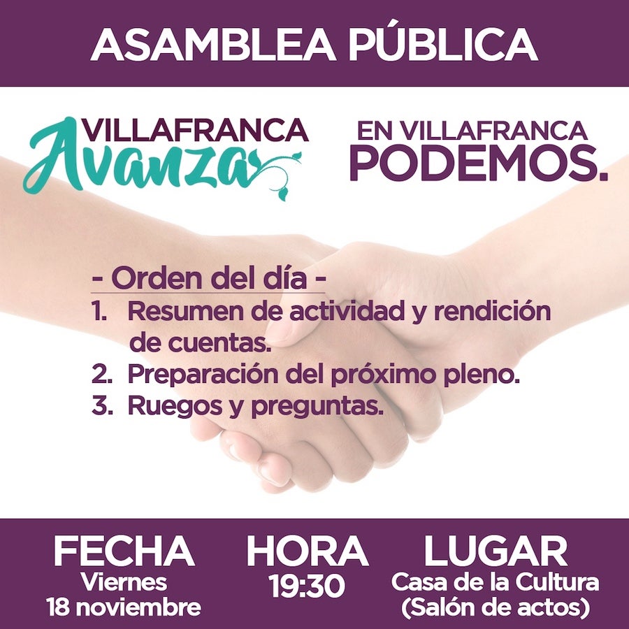 Villafranca Avanza celebrará este viernes una asamblea en la Casa de la Cultura