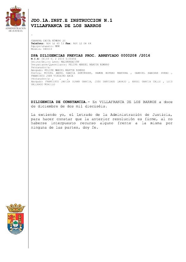 La sentencia absolutoria a Ropero de los delitos de malversación de caudales públicos y falsedad documental ya es firme