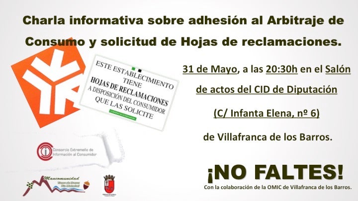 Charla informativa sobre adhesión al Arbitraje de Consumo y solicitud de hojas de reclamaciones