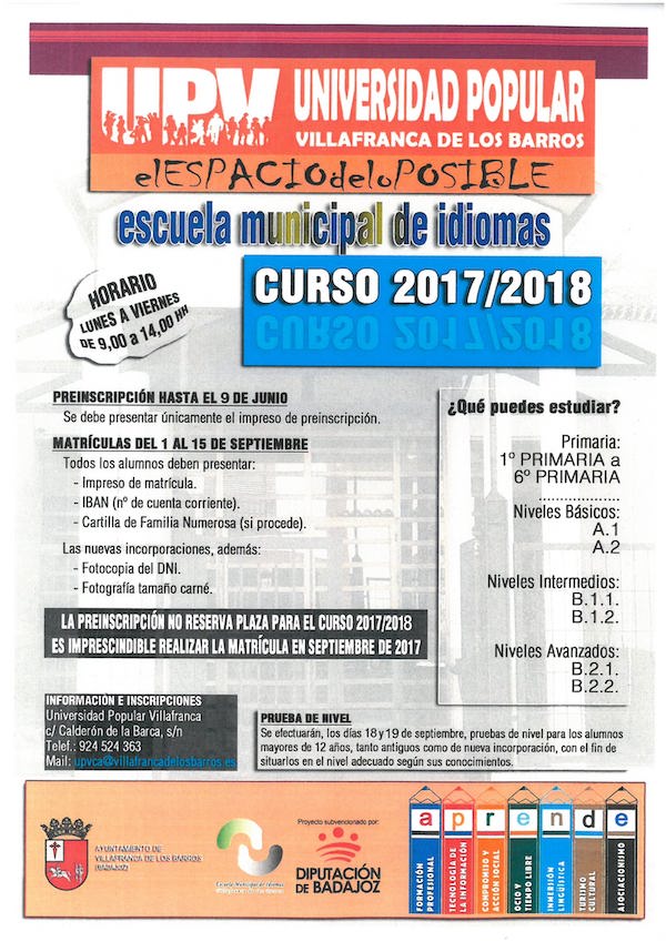 Abierto hasta el 9 de Junio el plazo de entrega de preinscripciones para la Escuela Municipal de Idiomas de Villafranca para el curso 2017/2018.