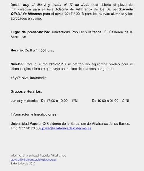 Desde el pasado 3 de julio y hasta el próximo día 17 estará abierto el plazo de matriculación para el Aula Adscrita a la Escuela Oficial de Idiomas