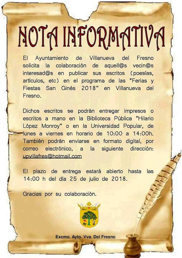 El Ayuntamiento solicita colaboraciones para la revista de las Ferias y Fiestas San Ginés 2018