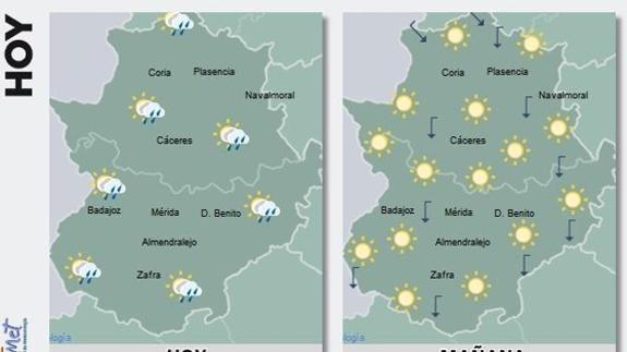 El sur y el este de Extremadura están hoy en alerta por fuertes lluvias