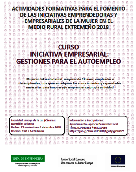 El 15 de noviembre comenzará el curso ‘Iniciativa Empresarial: Gestiones para el Autoempleo’ en Arroyo de la Luz