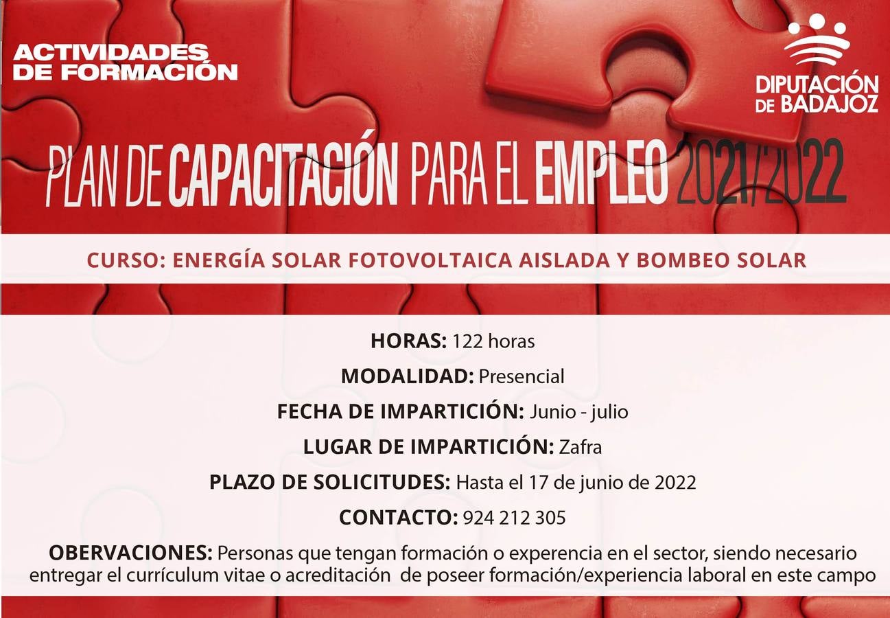 La acción formativa presencial 'Energía solar fotovoltaica aislada y bombeo solar' se impartirá en Zafra
