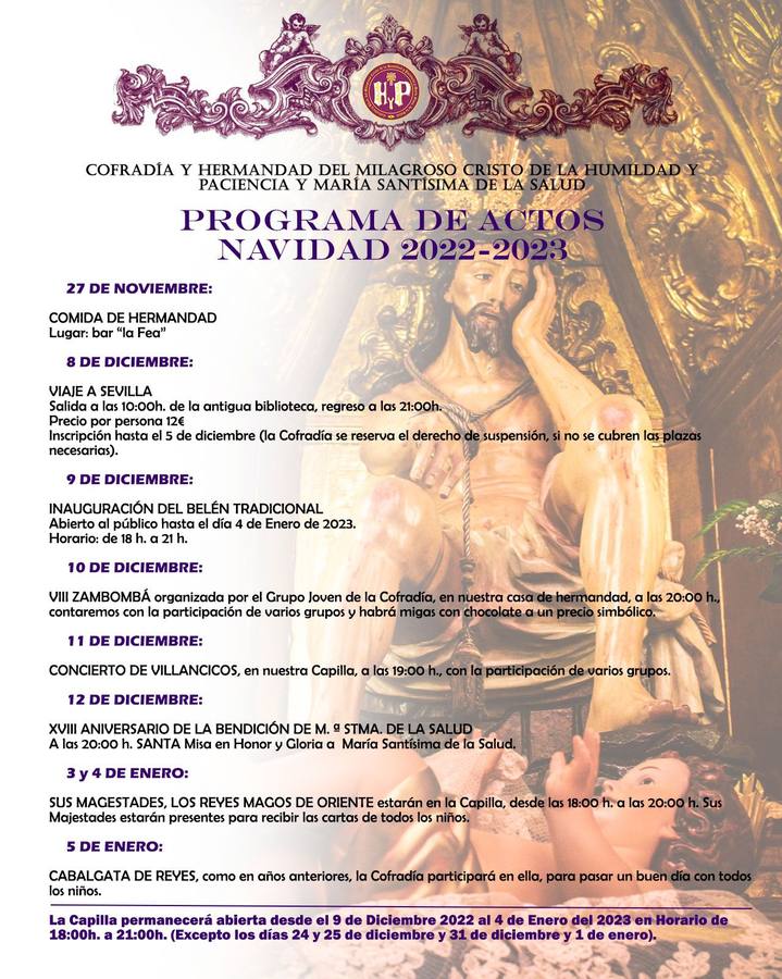 La cofradía del Cristo de la Humildad y Paciencia distintas actividades para la Navidad en torno a su capilla