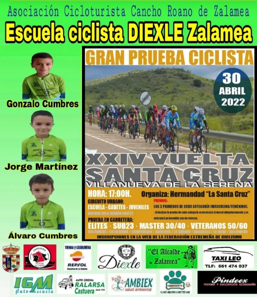 3 alumnos de la Escuela Ciclista Diexle Zalamea participan este sábado en la XXIV Vuelta Santa Cruz